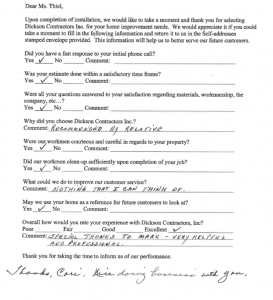 Dickson Contractors Client testimonial - Ms. Thiel