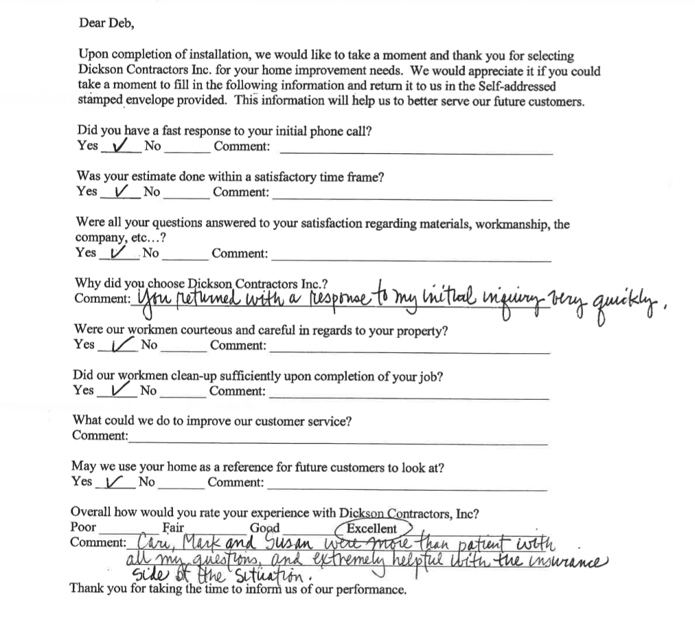 Dickson Contractors customer feedback survey response